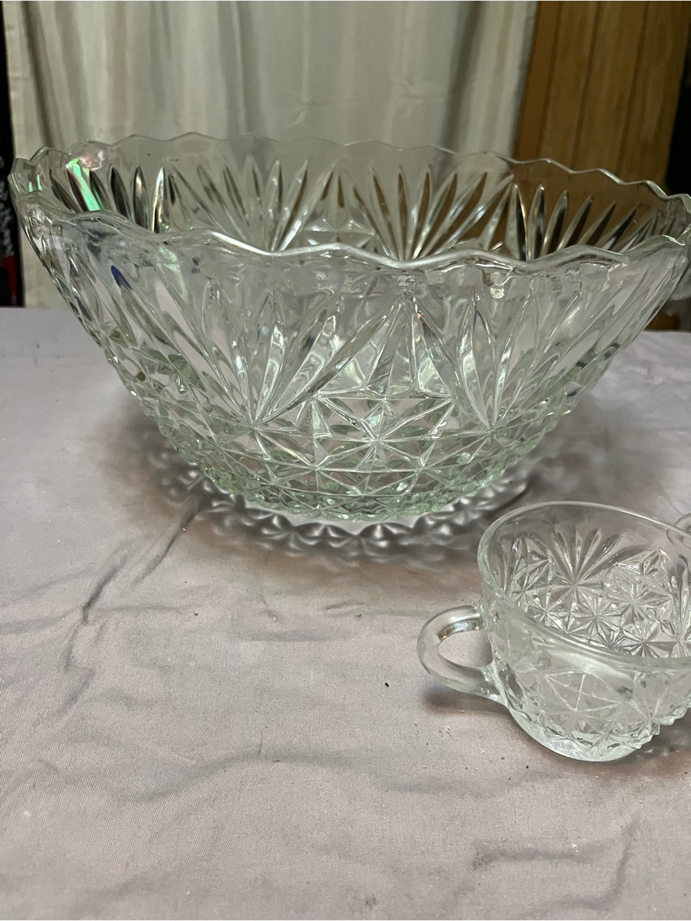 Pressed Glass Punch Bowl and Cup Set - Clear Cut Glass
